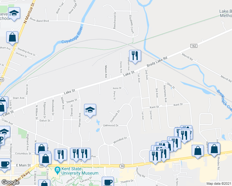 map of restaurants, bars, coffee shops, grocery stores, and more near 571 Perry Street in Kent