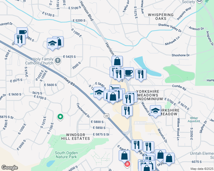 map of restaurants, bars, coffee shops, grocery stores, and more near 5660 South 1425 East in South Ogden