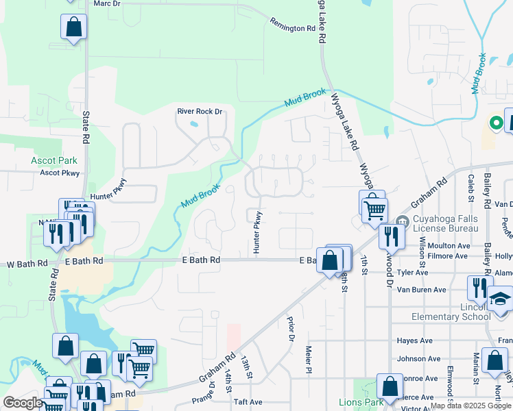 map of restaurants, bars, coffee shops, grocery stores, and more near 3397 Bristol Lane in Cuyahoga Falls