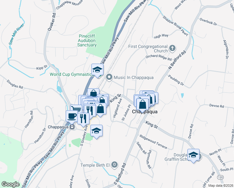 map of restaurants, bars, coffee shops, grocery stores, and more near 277 King Street in Chappaqua