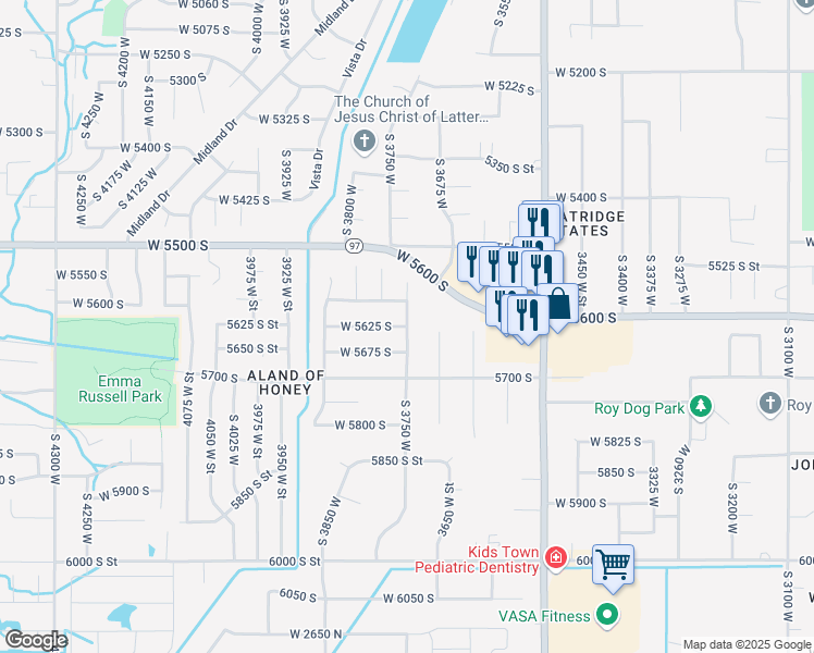 map of restaurants, bars, coffee shops, grocery stores, and more near 3701 West 5625 South in Roy