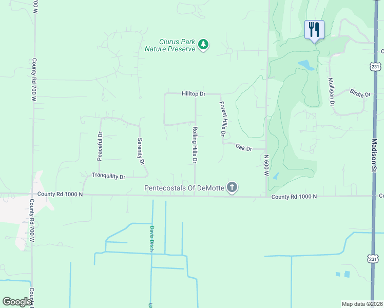 map of restaurants, bars, coffee shops, grocery stores, and more near 10186 Rolling Hills Drive in De Motte