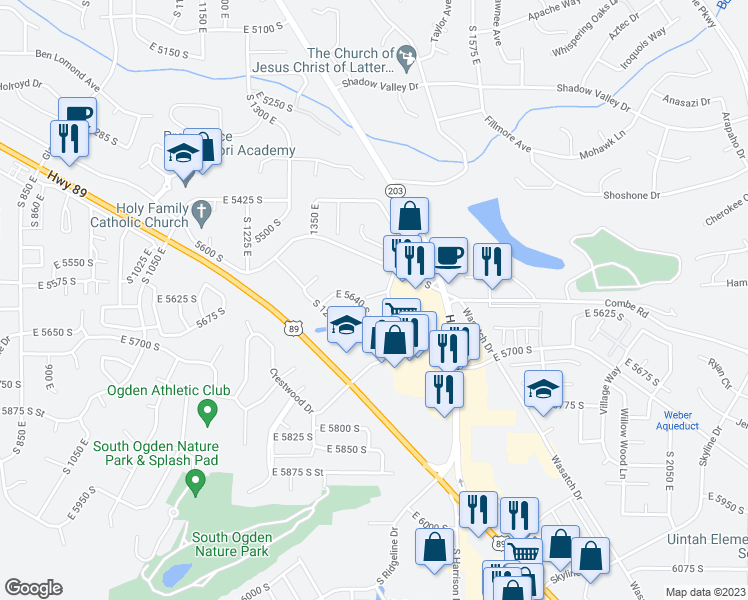 map of restaurants, bars, coffee shops, grocery stores, and more near 5660 South 1425 East in South Ogden