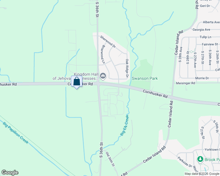 map of restaurants, bars, coffee shops, grocery stores, and more near 3403 Cornhusker Road in Bellevue