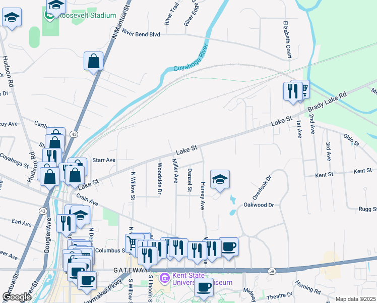 map of restaurants, bars, coffee shops, grocery stores, and more near 634 Lake St in Kent
