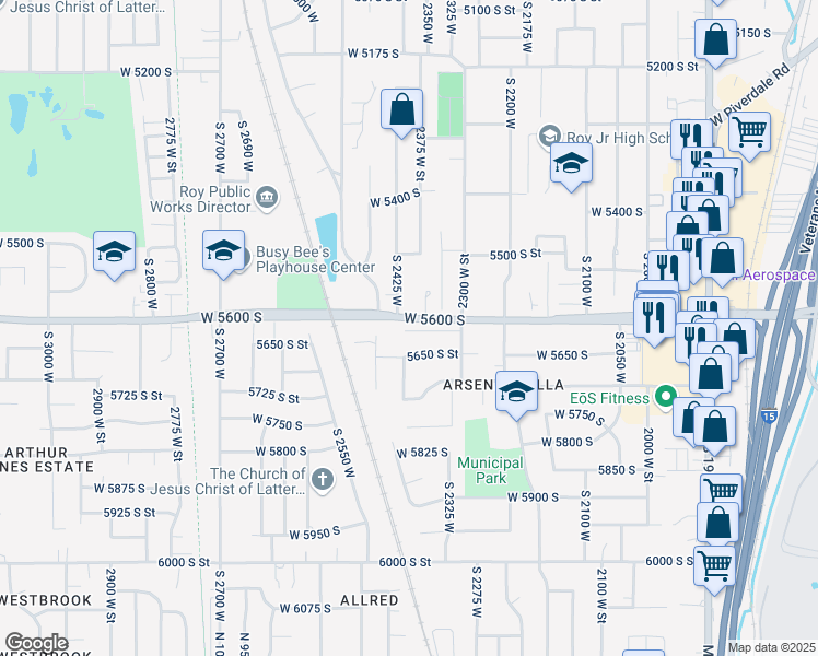map of restaurants, bars, coffee shops, grocery stores, and more near 2382 Chateau Drive in Roy