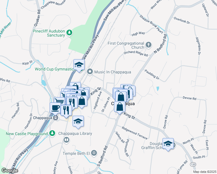 map of restaurants, bars, coffee shops, grocery stores, and more near 15 Orchard Lane in Chappaqua