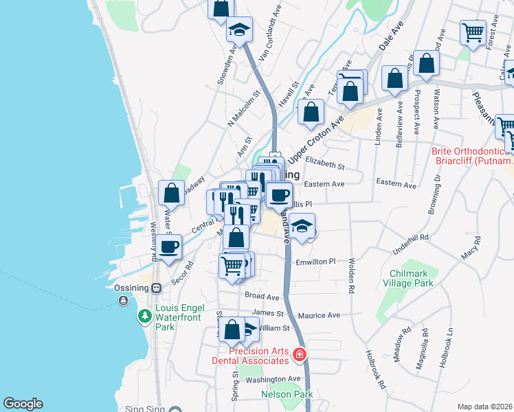 map of restaurants, bars, coffee shops, grocery stores, and more near 159 Main Street in Ossining