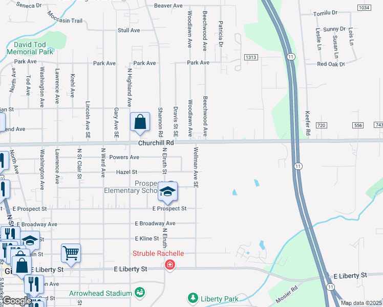 map of restaurants, bars, coffee shops, grocery stores, and more near 632 Wellman Avenue Southeast in Girard