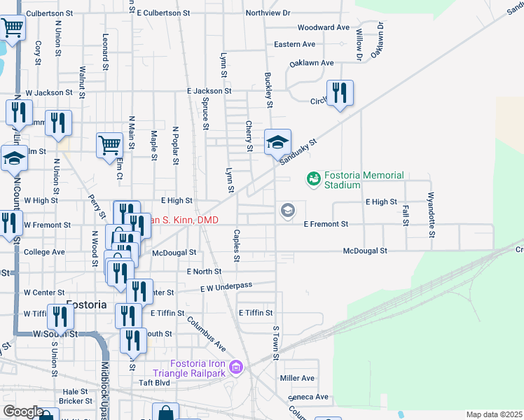 map of restaurants, bars, coffee shops, grocery stores, and more near 435 Stadium Drive in Fostoria