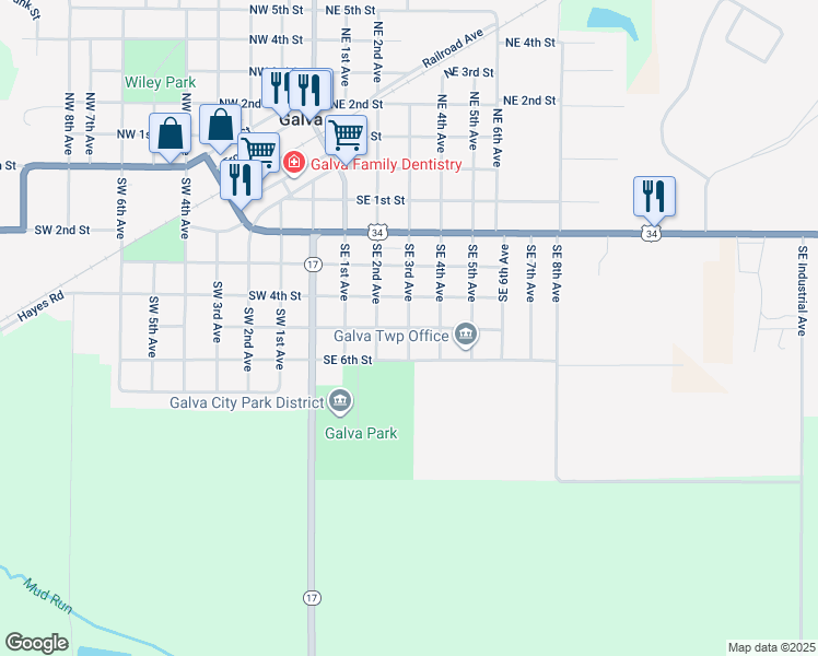 map of restaurants, bars, coffee shops, grocery stores, and more near 301 Southeast 5th Street in Galva