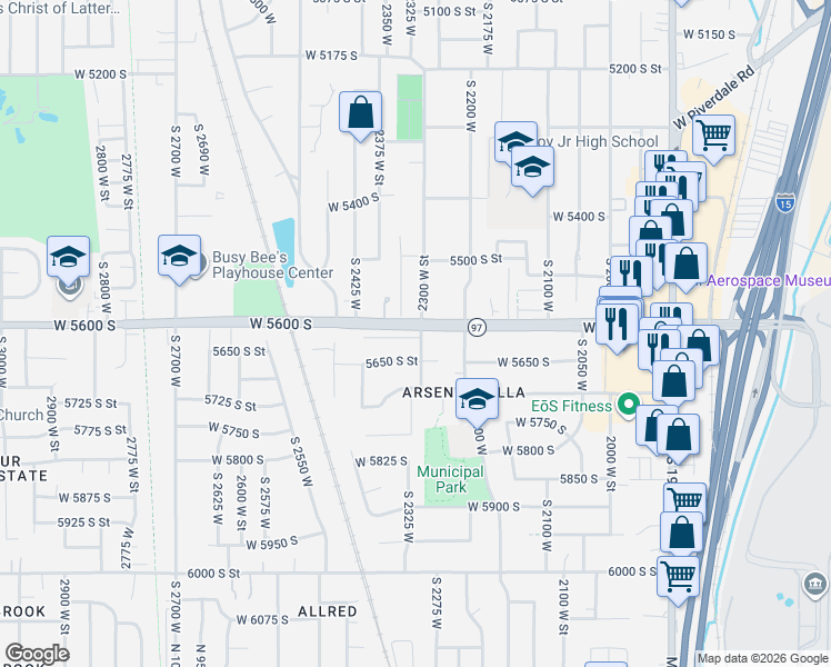 map of restaurants, bars, coffee shops, grocery stores, and more near 2324 Chateau Drive in Roy