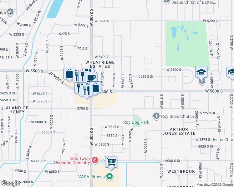 map of restaurants, bars, coffee shops, grocery stores, and more near 3343 West 5600 South in Roy