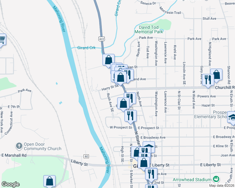 map of restaurants, bars, coffee shops, grocery stores, and more near 30 Stambaugh Street in Girard