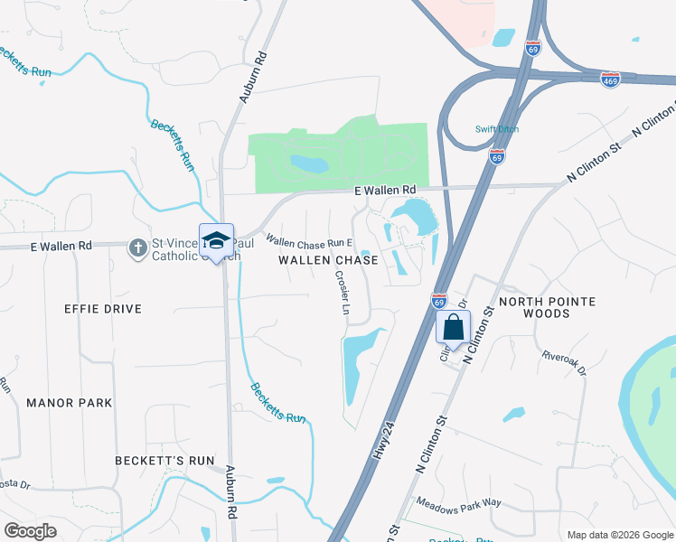 map of restaurants, bars, coffee shops, grocery stores, and more near 8805 Crosier Lane in Fort Wayne