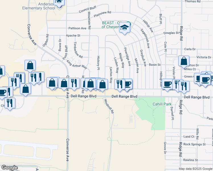 map of restaurants, bars, coffee shops, grocery stores, and more near 4717 Windmill Road in Cheyenne