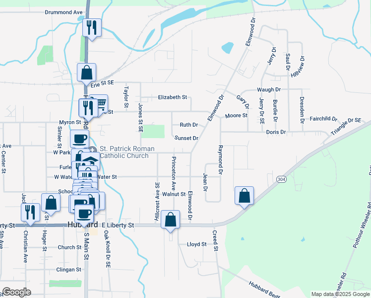 map of restaurants, bars, coffee shops, grocery stores, and more near 538 E Park Ave in Hubbard