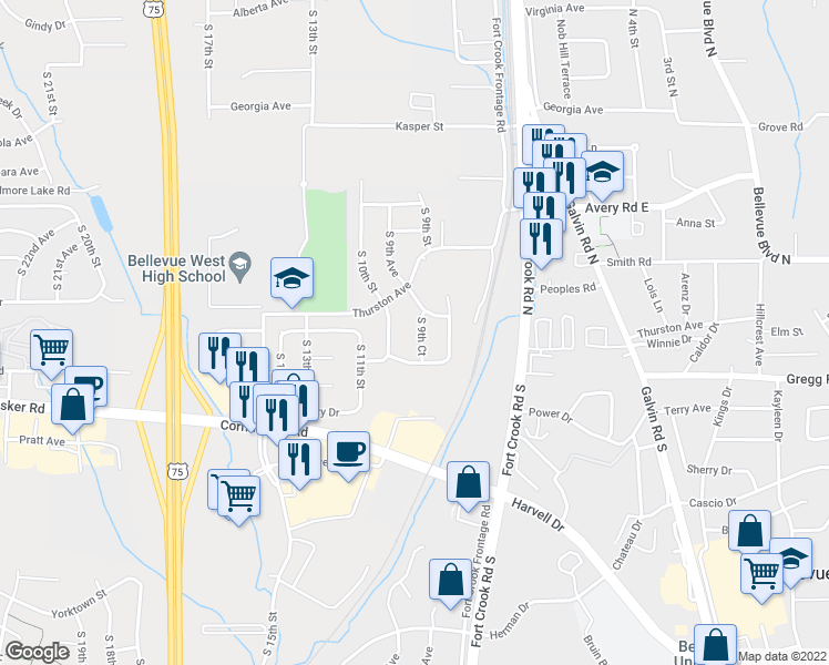map of restaurants, bars, coffee shops, grocery stores, and more near 10006 South 9th Court in Bellevue