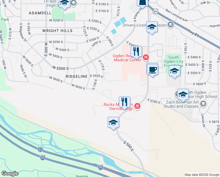 map of restaurants, bars, coffee shops, grocery stores, and more near 244 East 5575 South in Washington Terrace