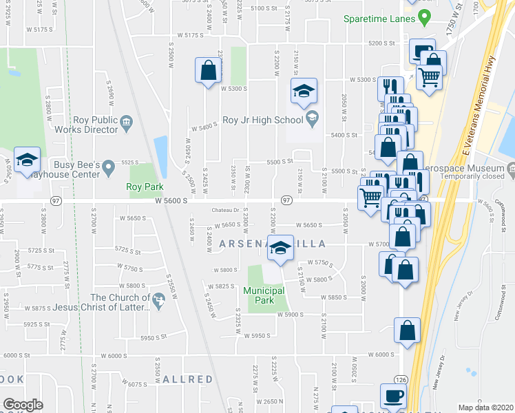 map of restaurants, bars, coffee shops, grocery stores, and more near 2269 West 5600 South in Roy