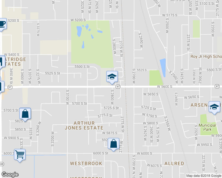map of restaurants, bars, coffee shops, grocery stores, and more near 2843 West 5600 South in Roy