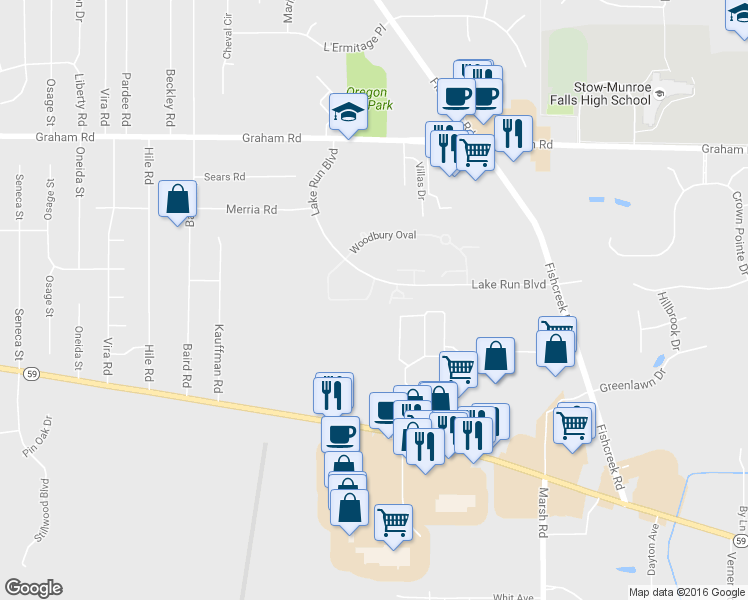 map of restaurants, bars, coffee shops, grocery stores, and more near 2982 Heatherwood Court in Stow