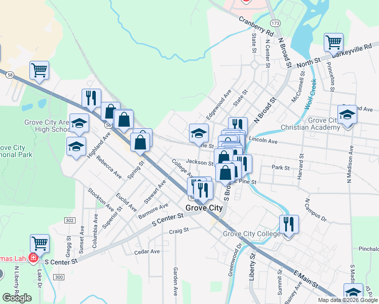 map of restaurants, bars, coffee shops, grocery stores, and more near 111 Mill Street in Grove City