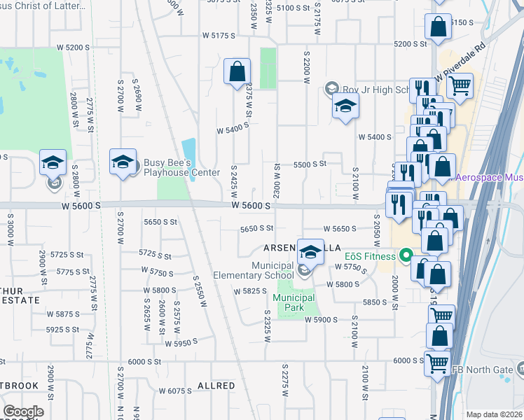 map of restaurants, bars, coffee shops, grocery stores, and more near 2334 Chateau Drive in Roy