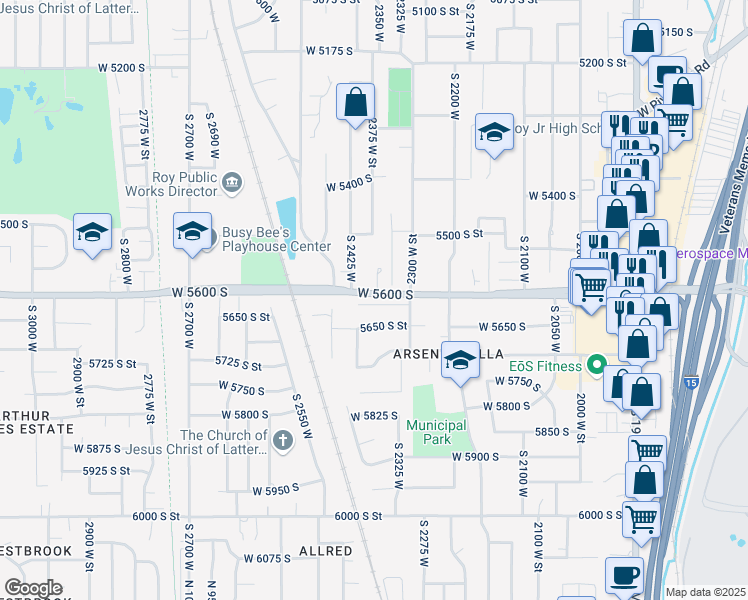map of restaurants, bars, coffee shops, grocery stores, and more near 2382 Chateau Drive in Roy