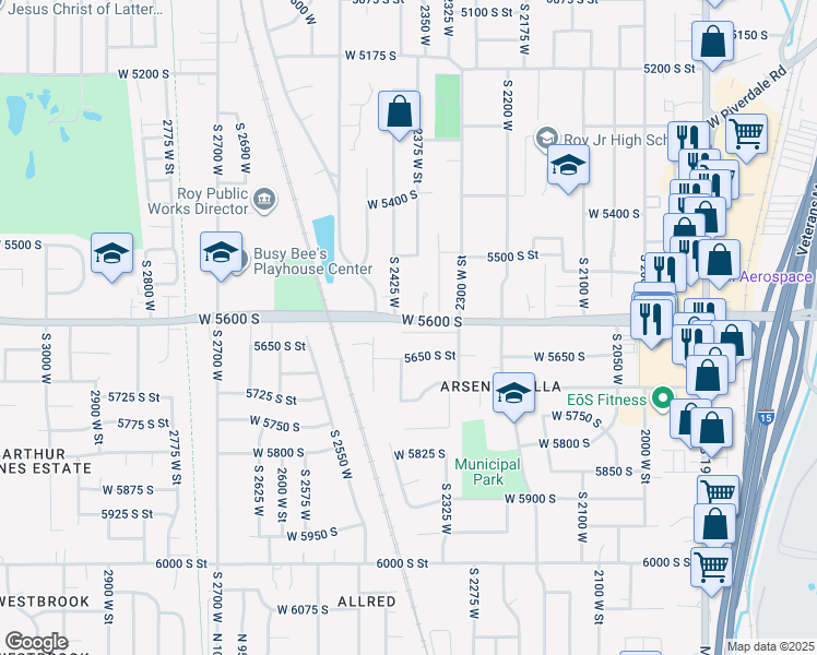 map of restaurants, bars, coffee shops, grocery stores, and more near 2382 Chateau Drive in Roy
