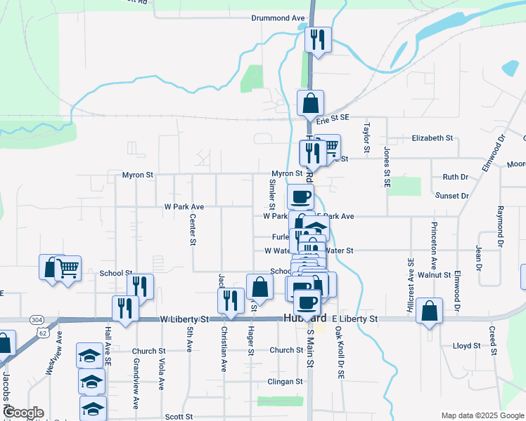 map of restaurants, bars, coffee shops, grocery stores, and more near 410 Stewart Street in Hubbard