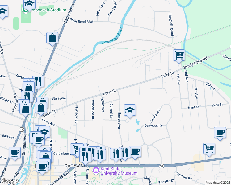 map of restaurants, bars, coffee shops, grocery stores, and more near 634 Lake Street in Kent