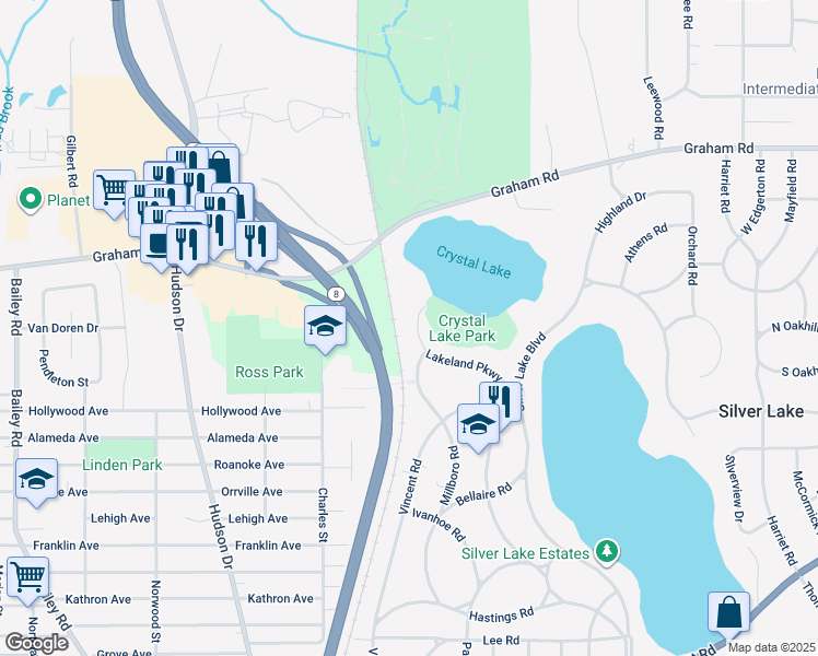 map of restaurants, bars, coffee shops, grocery stores, and more near 2830 Lakeland Parkway in Silver Lake