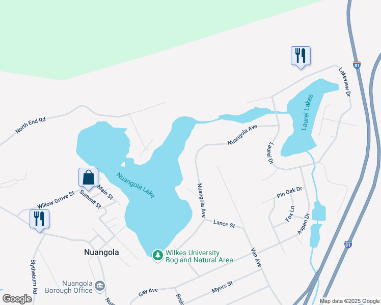 map of restaurants, bars, coffee shops, grocery stores, and more near 107 Nuangola Avenue in Mountain Top