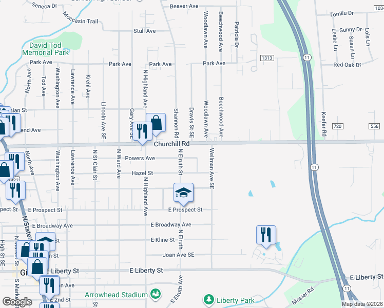 map of restaurants, bars, coffee shops, grocery stores, and more near 622 Powers Avenue in Girard