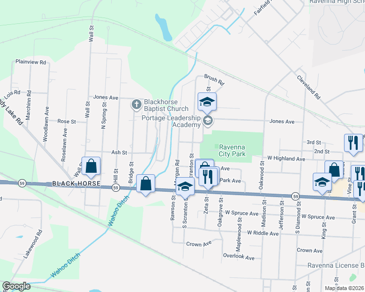 map of restaurants, bars, coffee shops, grocery stores, and more near 6274 Morgan Road in Ravenna