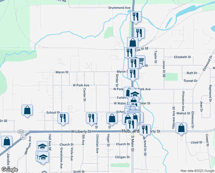 map of restaurants, bars, coffee shops, grocery stores, and more near 410 Stewart Street in Hubbard
