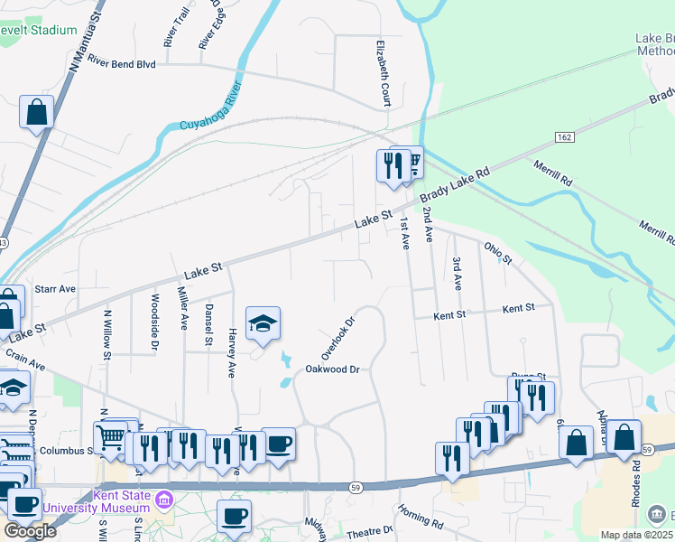 map of restaurants, bars, coffee shops, grocery stores, and more near 577 Perry Street in Kent
