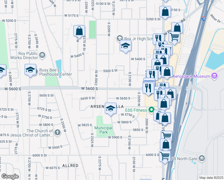 map of restaurants, bars, coffee shops, grocery stores, and more near 2197 West 5600 South in Roy
