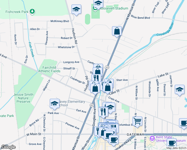 map of restaurants, bars, coffee shops, grocery stores, and more near 440 Stinaff Street in Kent
