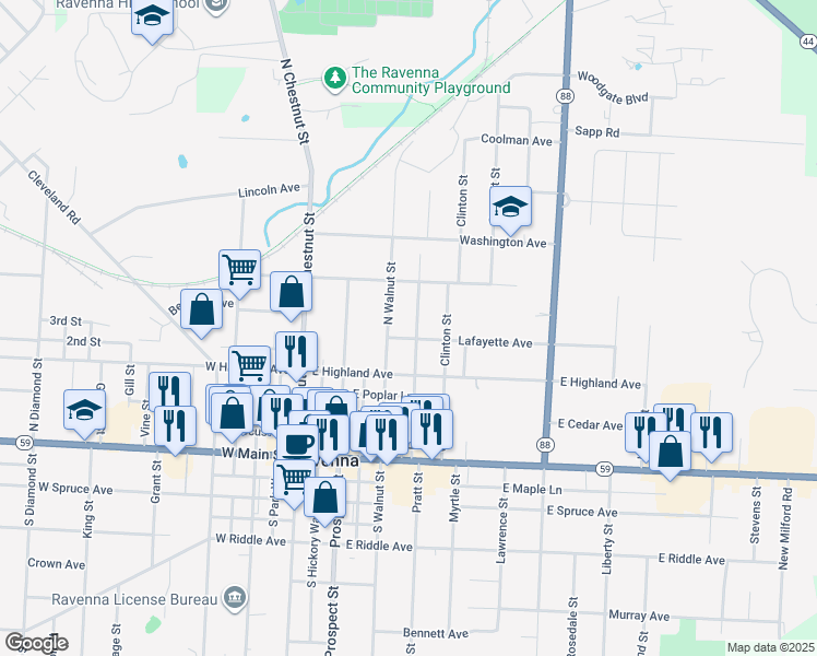 map of restaurants, bars, coffee shops, grocery stores, and more near 331 Elm Street in Ravenna