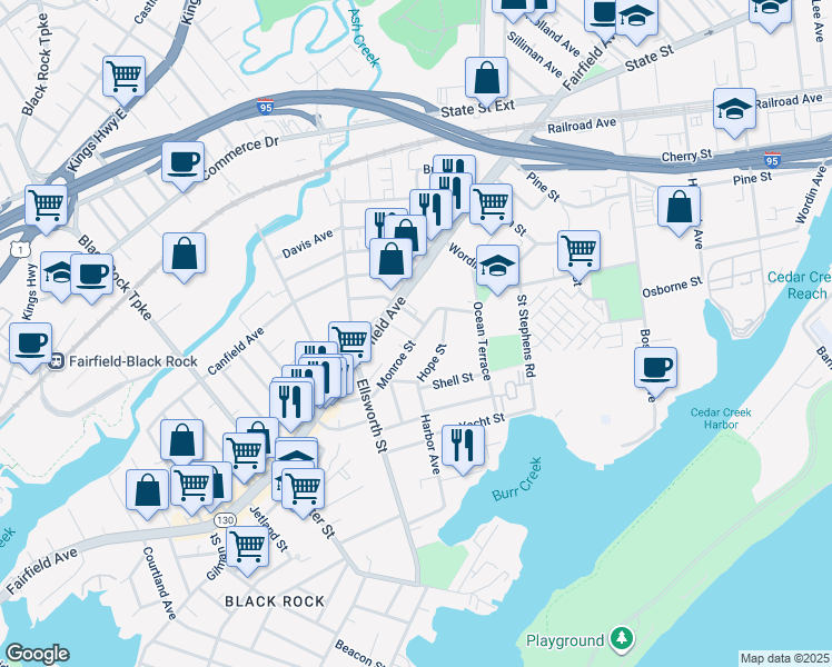 map of restaurants, bars, coffee shops, grocery stores, and more near 183 Monroe Street in Bridgeport