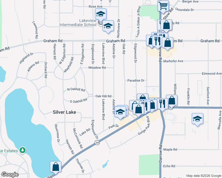 map of restaurants, bars, coffee shops, grocery stores, and more near 3492 Adaline Dr in Stow