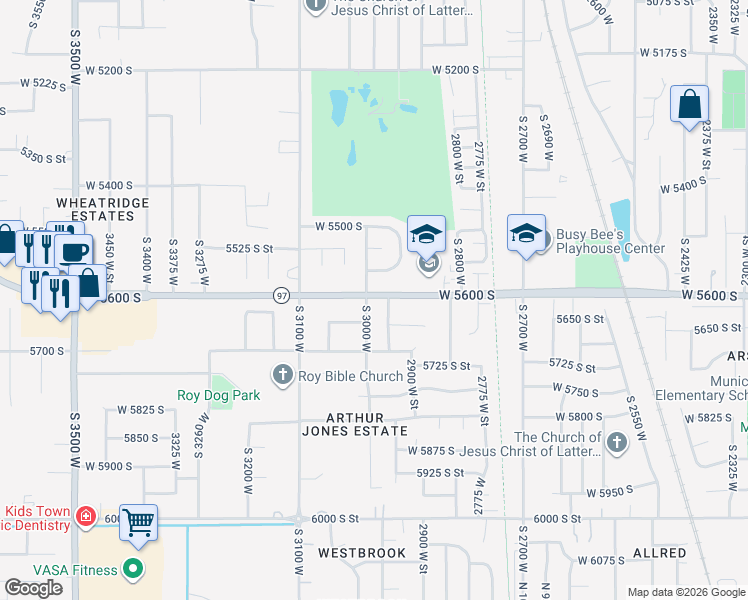 map of restaurants, bars, coffee shops, grocery stores, and more near 5616 South 3000 West in Roy