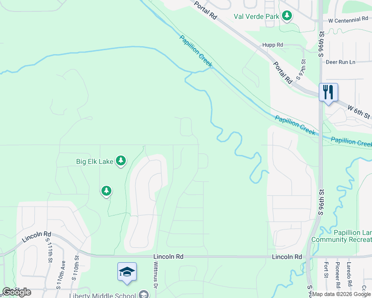 map of restaurants, bars, coffee shops, grocery stores, and more near 9909 South 103rd Avenue Circle in Papillion