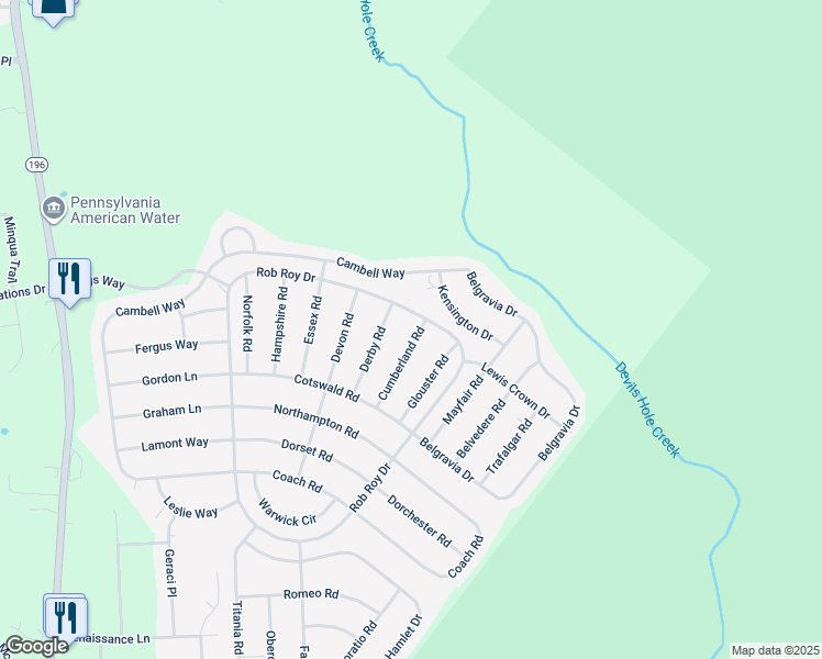 map of restaurants, bars, coffee shops, grocery stores, and more near 6108 Cumberland Road in Tobyhanna