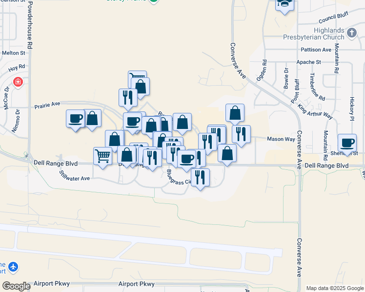 map of restaurants, bars, coffee shops, grocery stores, and more near 1840 Dell Range Boulevard in Cheyenne