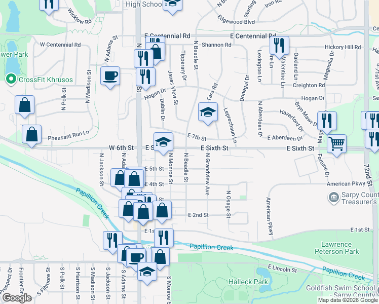 map of restaurants, bars, coffee shops, grocery stores, and more near 402 Circle Street in Papillion