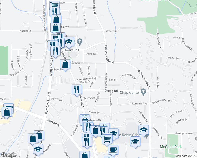 map of restaurants, bars, coffee shops, grocery stores, and more near 1709 Thurston Avenue in Bellevue