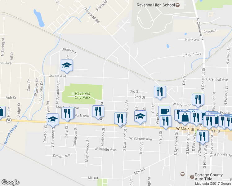 map of restaurants, bars, coffee shops, grocery stores, and more near 318 Franklin St in Ravenna